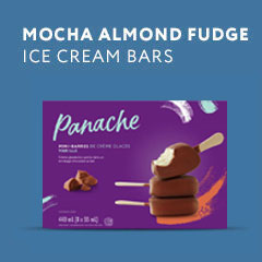 An image of Panache's product ice cream bars and text reading "Mocha Almond Fudge Ice Cream Bars".