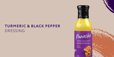 A photo of a bottle of Panache's Turmeric and black pepper product and text reading "Turmeric and black pepper dressing".