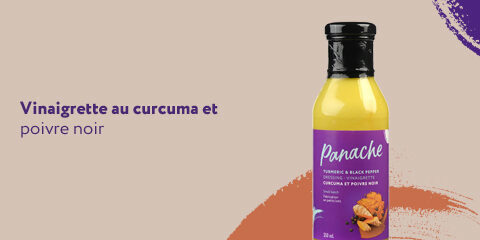 Une photo de Panache's Vinaigrette au curcuma et produit et lecture de texte "Vinaigrette à la curcume et poivre noir".